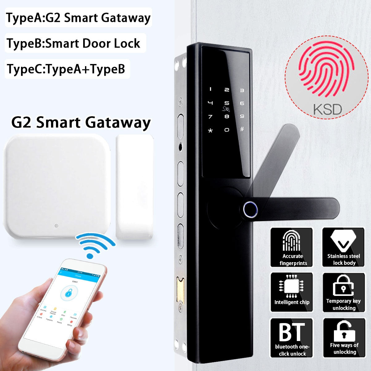 Smart Door Lock Intelligent Electronic Lock Fingerprint Verification With bluetooth Card APP Key 5 Ways with G2 Smart Gateway